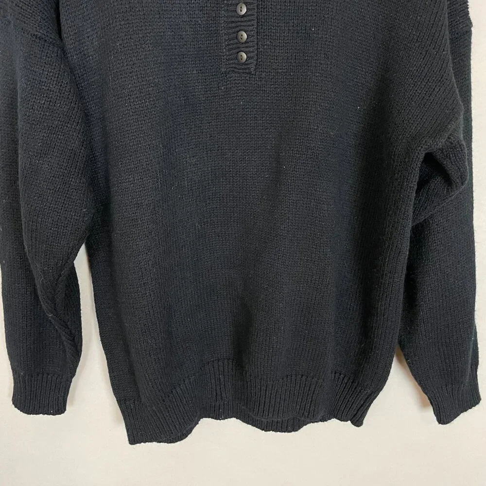 Vintage Sweater Black Buttoned Neckline Mock Neck Men Acrylic Retro Knit Classic
